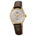 Festina Swiss Made dameur F20011/2 med grå mønstret urskive, guldfarvet urkasse og brun læderrem