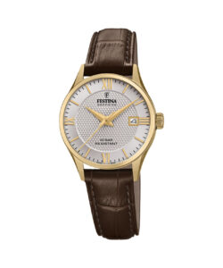 Festina Swiss Made dameur F20011/2 med grå mønstret urskive, guldfarvet urkasse og brun læderrem