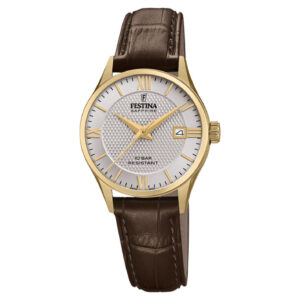 Festina Swiss Made dameur F20011/2 med grå mønstret urskive, guldfarvet urkasse og brun læderrem