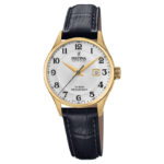 Festina Swiss Made dameur F20011/5 med grå urskive, sorte arabertal, guldfarvet urkasse og sort læderrem