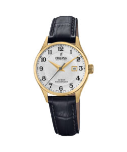 Festina Swiss Made dameur F20011/5 med grå urskive, sorte arabertal, guldfarvet urkasse og sort læderrem