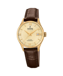 Festina Swiss Made dameur F20011/6 med guldfarvet urskive, guldfarvet urkasse og brun læderrem