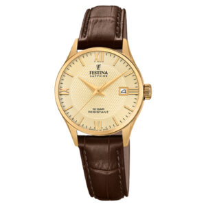 Festina Swiss Made dameur F20011/6 med guldfarvet urskive, guldfarvet urkasse og brun læderrem