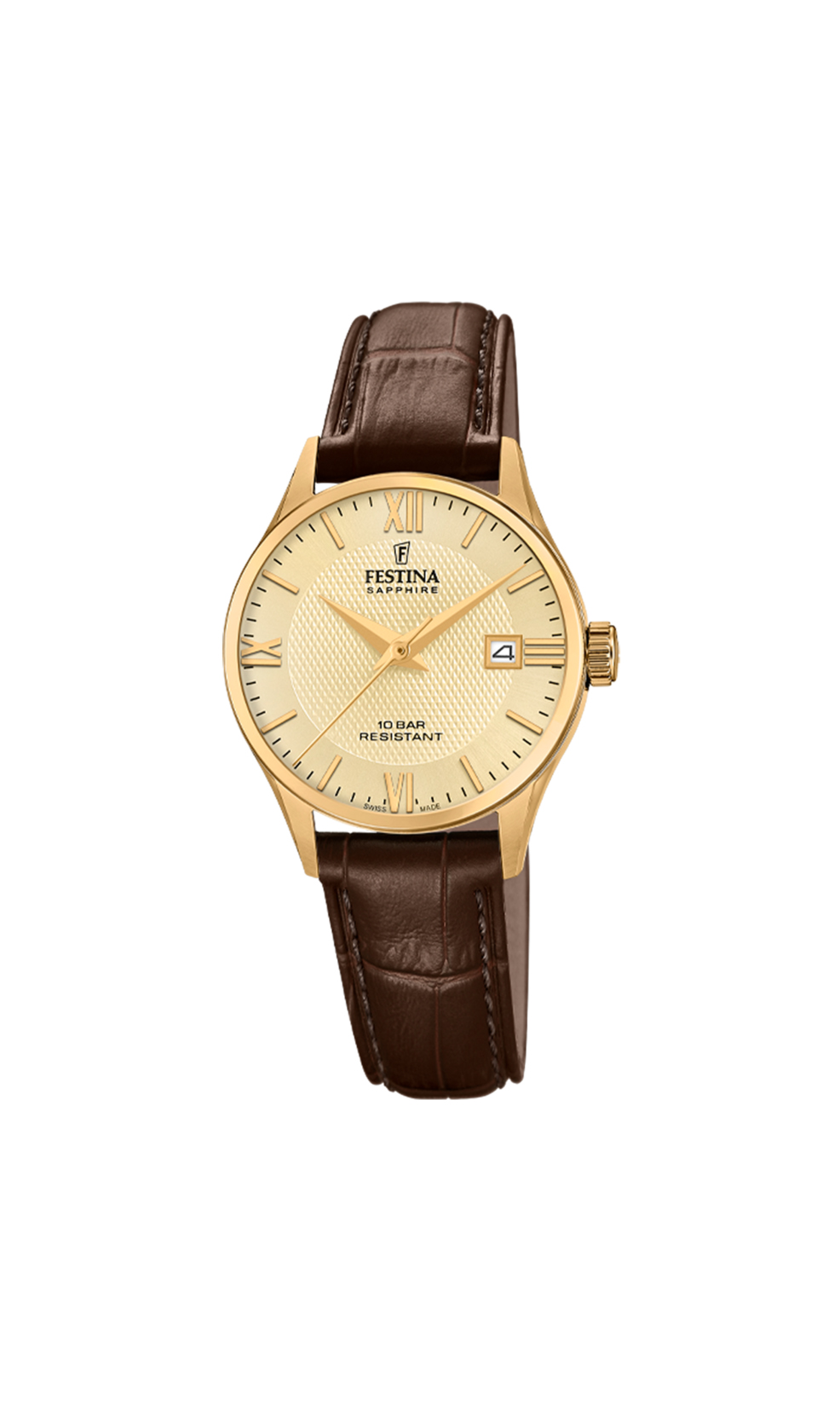 Festina Swiss Made dameur F20011/6 med guldfarvet urskive, guldfarvet urkasse og brun læderrem