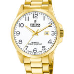 Festina Swiss Made herreur F20044/1 med hvid urskive, store tydelige tal, guldfarvet urkasse og guldfarvet stållænke