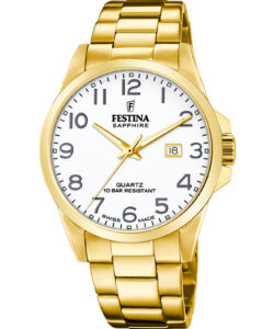 Festina Swiss Made herreur F20044/1 med hvid urskive, store tydelige tal, guldfarvet urkasse og guldfarvet stållænke