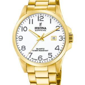 Festina Swiss Made herreur F20044/1 med hvid urskive, store tydelige tal, guldfarvet urkasse og guldfarvet stållænke