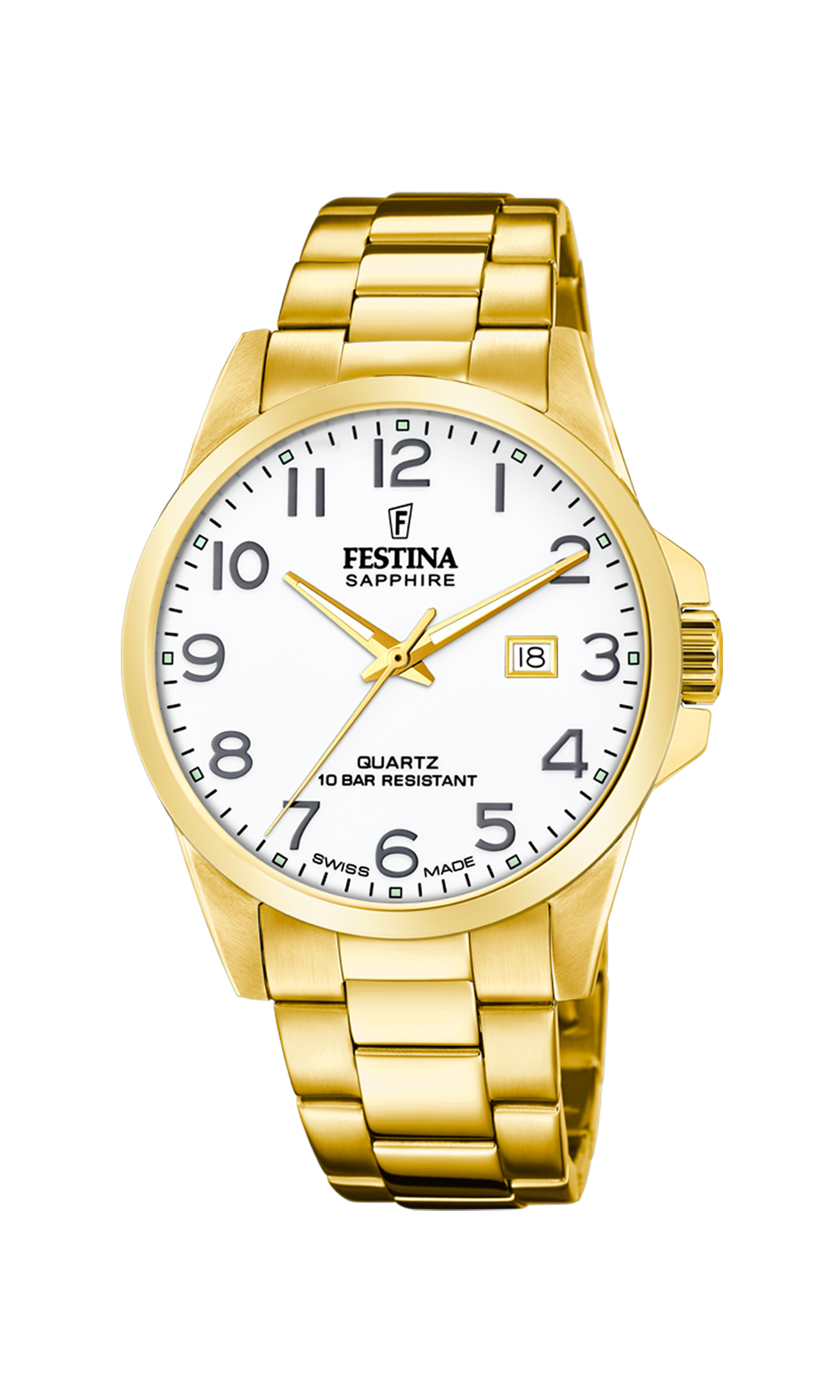 Festina Swiss Made herreur F20044/1 med hvid urskive, store tydelige tal, guldfarvet urkasse og guldfarvet stållænke