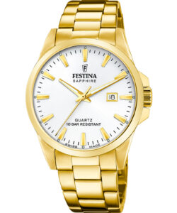 Festina Swiss Made herreur F20044/2 med guldfarvet stållænke, hvid urskive og safirglas