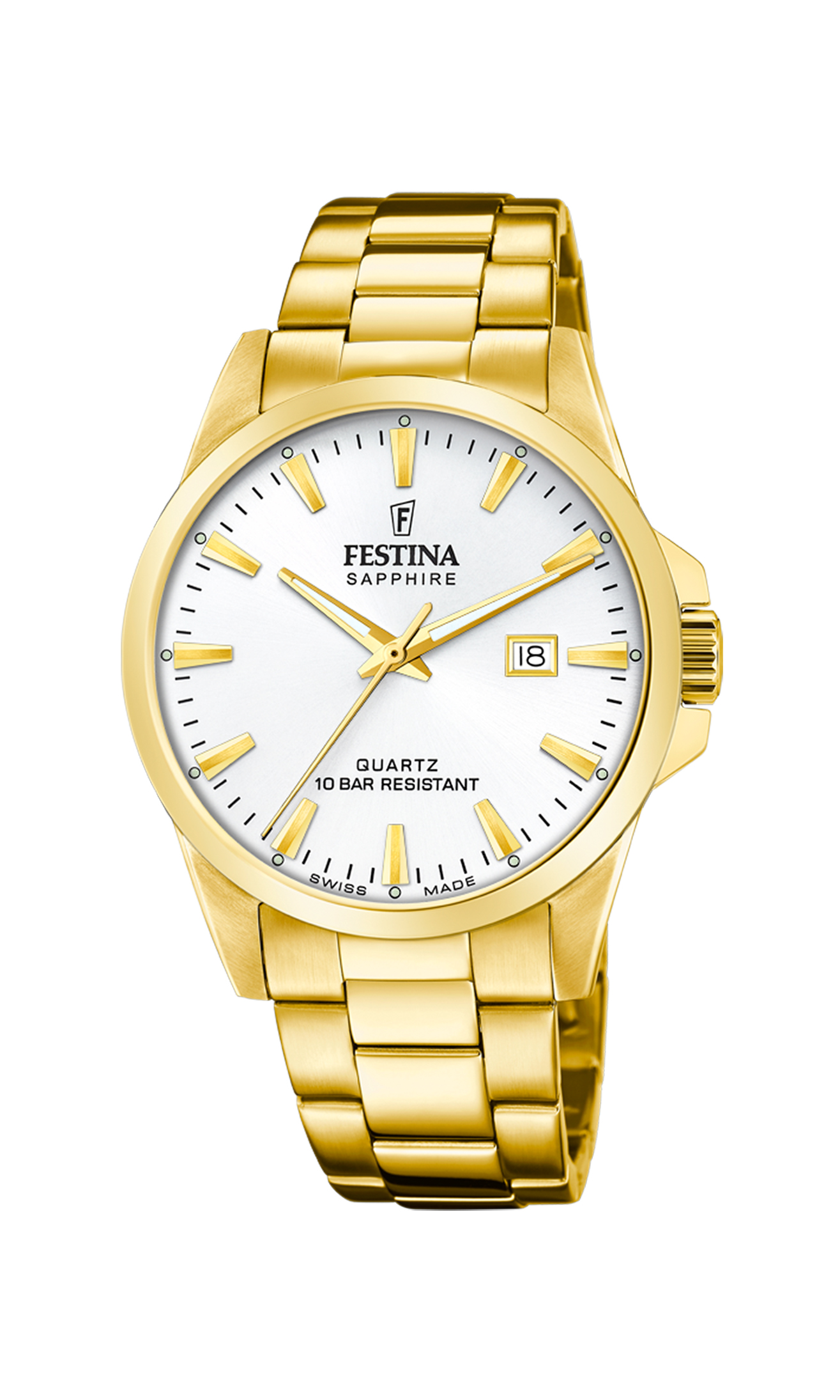 Festina Swiss Made herreur F20044/2 med guldfarvet stållænke, hvid urskive og safirglas