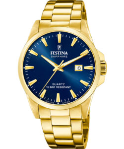 Festina Swiss Made herreur F20044/3 med blå urskive, guldfarvet stållænke og safirglas