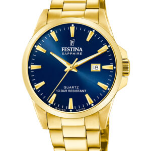 Festina Swiss Made herreur F20044/3 med blå urskive, guldfarvet stållænke og safirglas