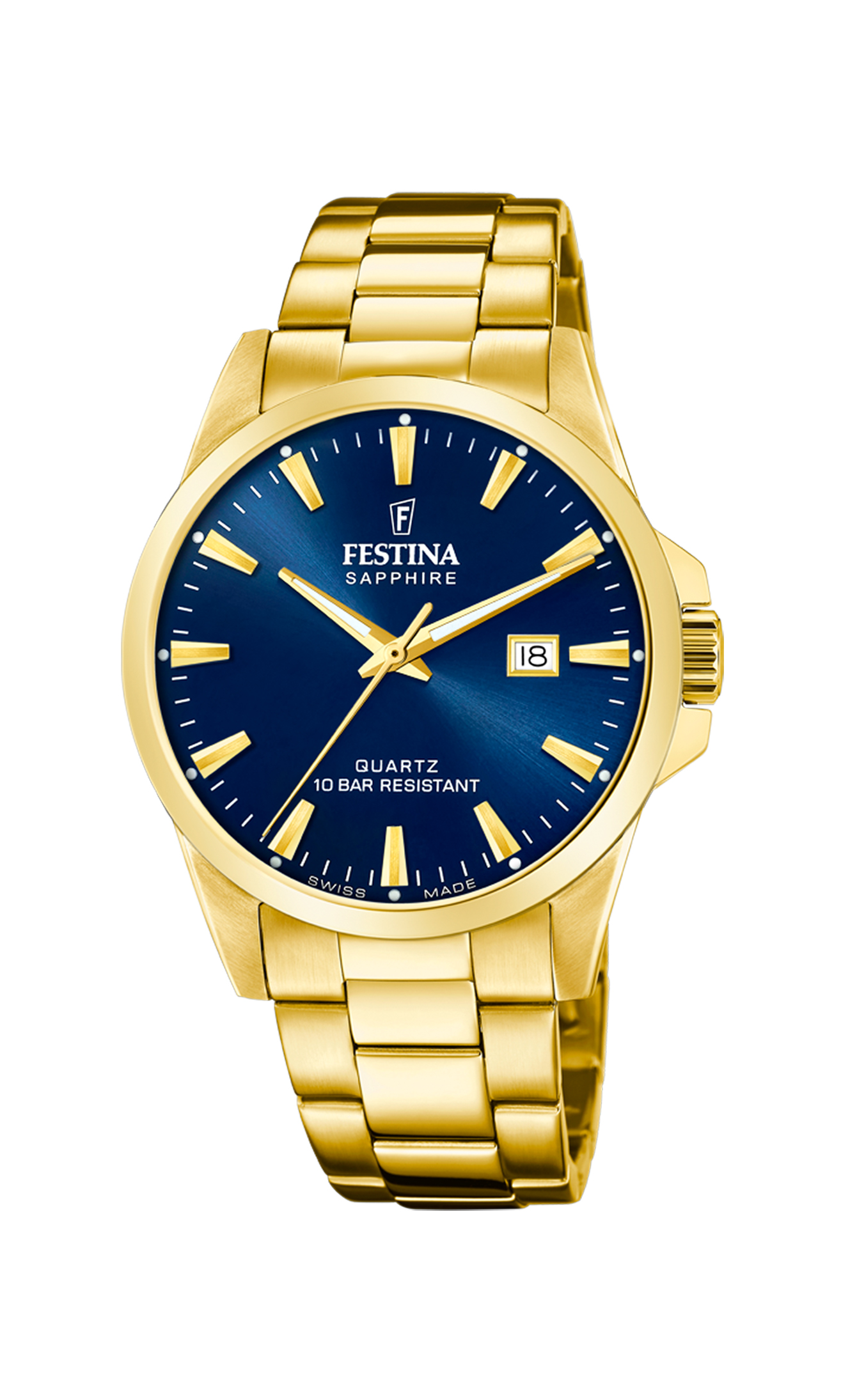 Festina Swiss Made herreur F20044/3 med blå urskive, guldfarvet stållænke og safirglas