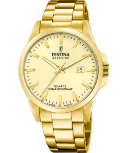 Festina Swiss Made herreur F20044/4 med guldfarvet urskive, guldfarvet urkasse, guldfarvet stållænke og safirglas