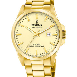 Festina Swiss Made herreur F20044/4 med guldfarvet urskive, guldfarvet urkasse, guldfarvet stållænke og safirglas
