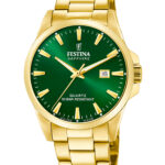 Festina Swiss Made herreur F20044/5 med grøn urskive, guldfarvet urkasse, guldfarvet stållænke og safirglas