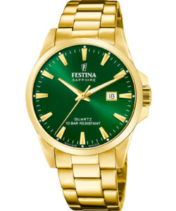 Festina Swiss Made herreur F20044/5 med grøn urskive, guldfarvet urkasse, guldfarvet stållænke og safirglas