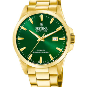 Festina Swiss Made herreur F20044/5 med grøn urskive, guldfarvet urkasse, guldfarvet stållænke og safirglas
