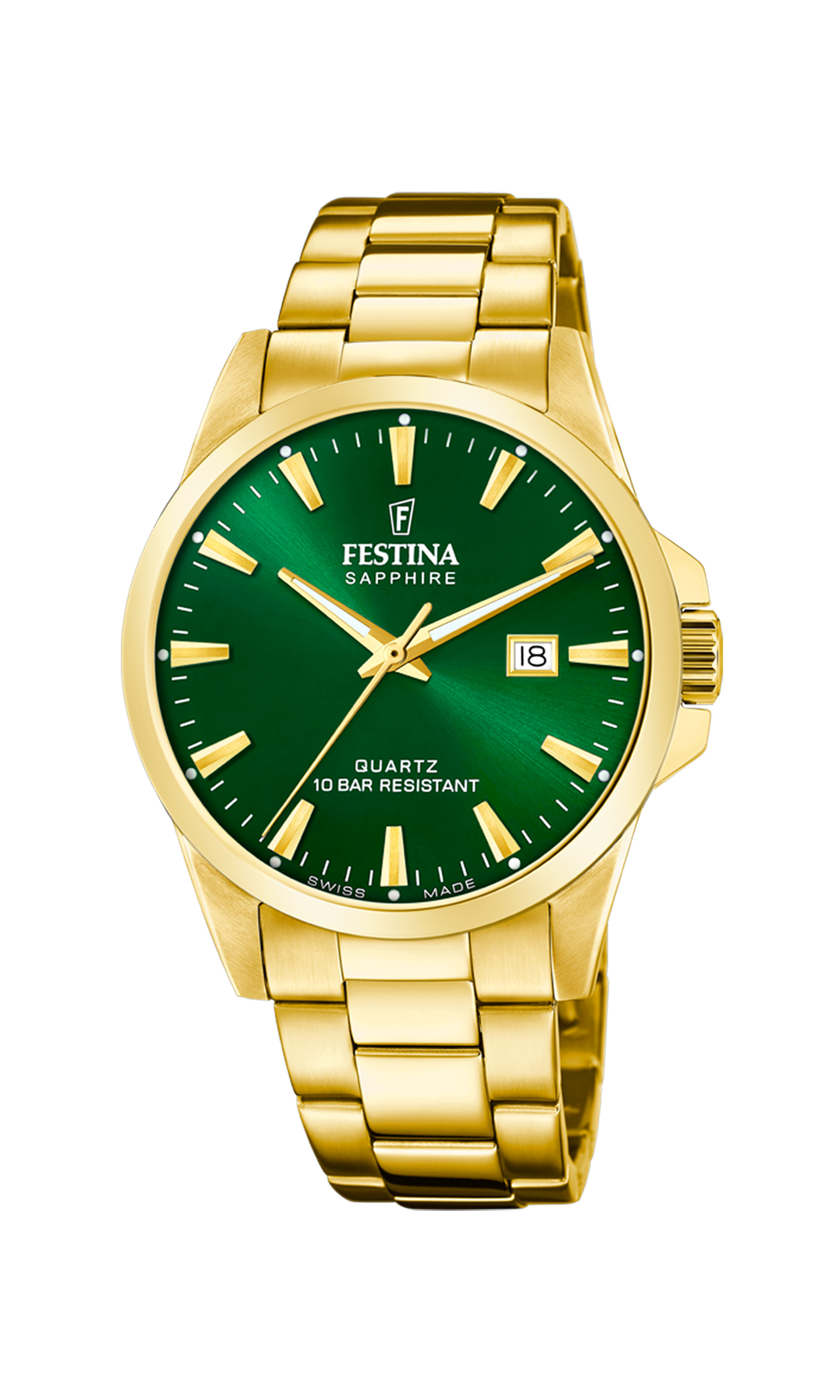 Festina Swiss Made herreur F20044/5 med grøn urskive, guldfarvet urkasse, guldfarvet stållænke og safirglas