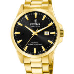Festina Swiss Made herreur F20044/6 med sort urskive, guldfarvet urkasse, guldfarvet stållænke og safirglas