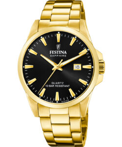 Festina Swiss Made herreur F20044/6 med sort urskive, guldfarvet urkasse, guldfarvet stållænke og safirglas