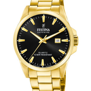 Festina Swiss Made herreur F20044/6 med sort urskive, guldfarvet urkasse, guldfarvet stållænke og safirglas