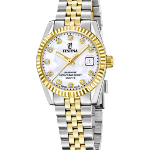 Festina dameur F20088/1 i stål og guld med hvid perlemorsskive