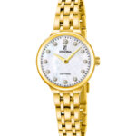 Festina Mademoiselle F20745/1 dameur med guldfarvet lænke, rund perlemorsskive og stenbesatte timemarkeringer.