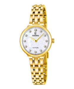 Festina Mademoiselle F20745/1 dameur med guldfarvet lænke, rund perlemorsskive og stenbesatte timemarkeringer.