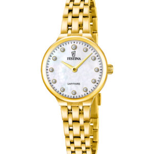 Festina Mademoiselle F20745/1 dameur med guldfarvet lænke, rund perlemorsskive og stenbesatte timemarkeringer.