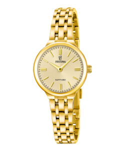 Festina Mademoiselle F20745/2 dameur med champagnefarvet skive, guldfarvet stållænke og rund urkasse.