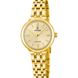 Festina Mademoiselle F20745/2 dameur med champagnefarvet skive, guldfarvet stållænke og rund urkasse.