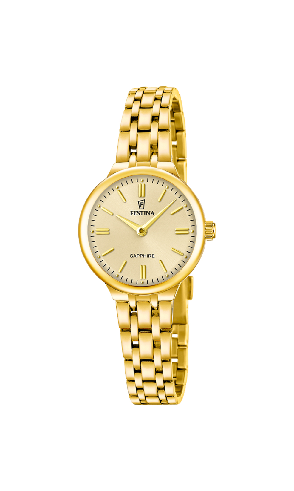 Festina Mademoiselle F20745/2 dameur med champagnefarvet skive, guldfarvet stållænke og rund urkasse.