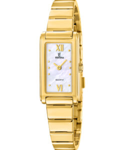 Festina Mademoiselle F20768/1 dameur med guldfarvet stållænke, rektangulær urkasse og hvid perlemorsskive med romertal.