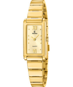 Festina Mademoiselle F20768/2 dameur med guldfarvet skive, guldfarvet stållænke og rektangulær urkasse med romertal.