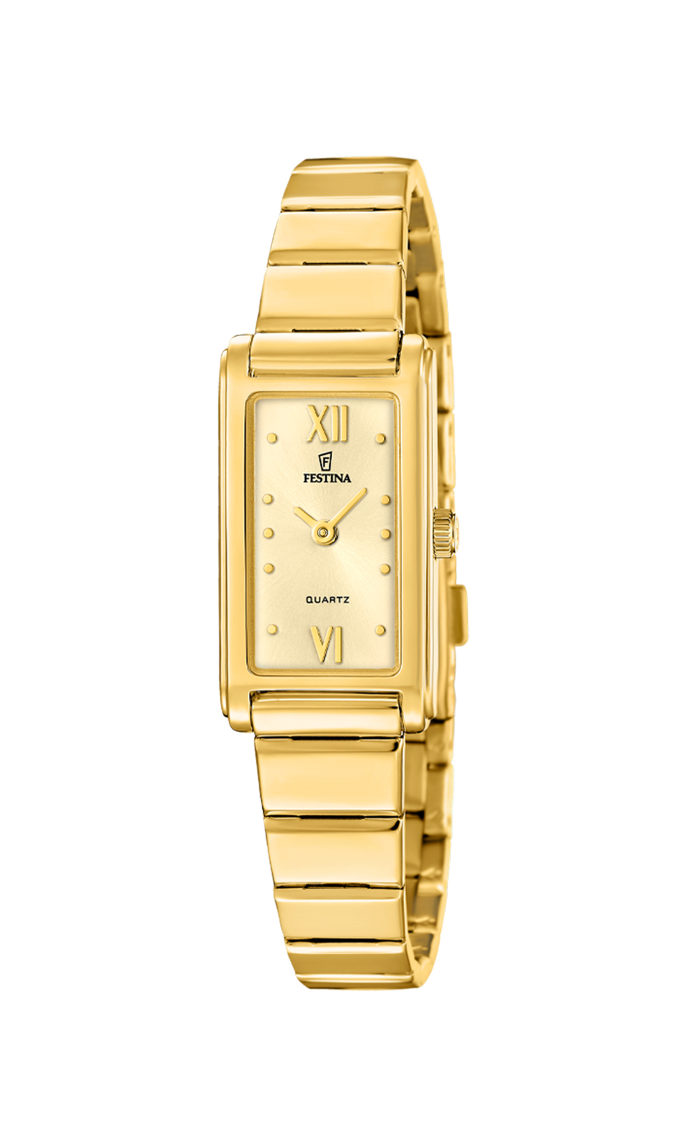Festina Mademoiselle F20768/2 dameur med guldfarvet skive, guldfarvet stållænke og rektangulær urkasse med romertal.