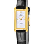 Festina Mademoiselle dameur F20770/1 med rektangulær guldfarvet urkasse, hvid perlemorsskive og sort læderrem