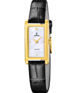 Festina Mademoiselle dameur F20770/1 med rektangulær guldfarvet urkasse, hvid perlemorsskive og sort læderrem