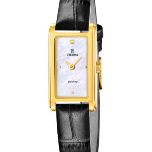 Festina Mademoiselle dameur F20770/1 med rektangulær guldfarvet urkasse, hvid perlemorsskive og sort læderrem