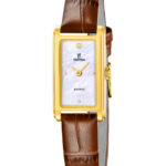 Festina Mademoiselle F20770/2 dameur med brun læderrem, guldfarvet rektangulær urkasse og hvid perlemorsskive.