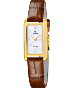 Festina Mademoiselle F20770/2 dameur med brun læderrem, guldfarvet rektangulær urkasse og hvid perlemorsskive.
