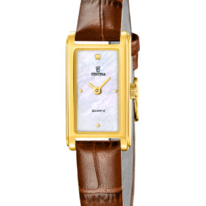Festina Mademoiselle F20770/2 dameur med brun læderrem, guldfarvet rektangulær urkasse og hvid perlemorsskive.