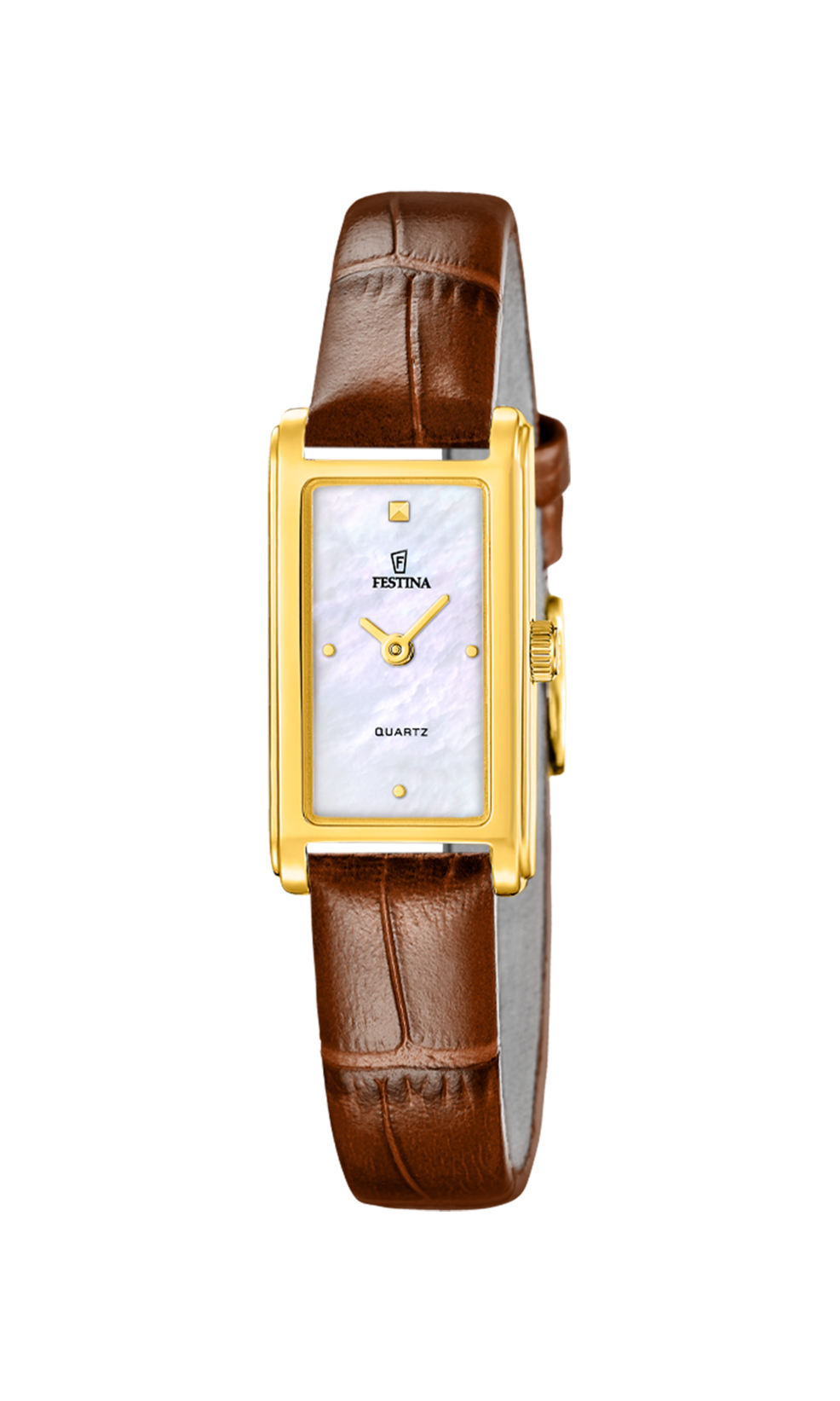 Festina Mademoiselle F20770/2 dameur med brun læderrem, guldfarvet rektangulær urkasse og hvid perlemorsskive.