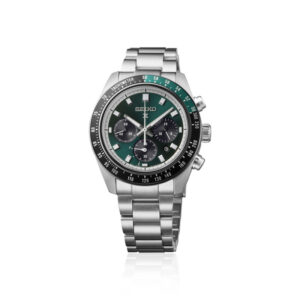 Seiko Prospex Speedtimer HBJ003P1 herreur i rustfrit stål med grøn urskive, sorte kronografvisninger og stållænke