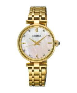 Seiko dameur HGH008P1 i guldfarvet stål med ægte perlemorsurskive, diamantindekser og guldfarvet lænke