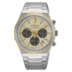 Seiko Chronograph HGK001P1 herreur med kantet urkasse i stål, champagnefarvet urskive, mørke kronografskiver og gyldne detaljer