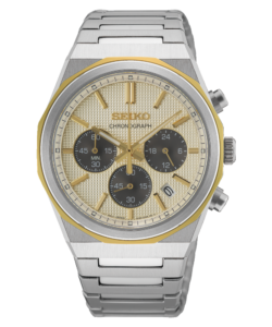 Seiko Chronograph HGK001P1 herreur med kantet urkasse i stål, champagnefarvet urskive, mørke kronografskiver og gyldne detaljer