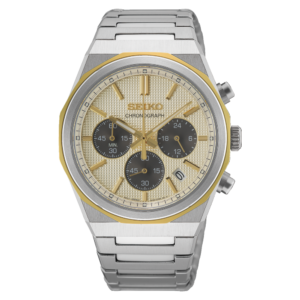 Seiko Chronograph HGK001P1 herreur med kantet urkasse i stål, champagnefarvet urskive, mørke kronografskiver og gyldne detaljer